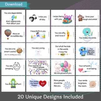 A product image of a set of 20 lunchbox cards for children. Download and print from PDF format