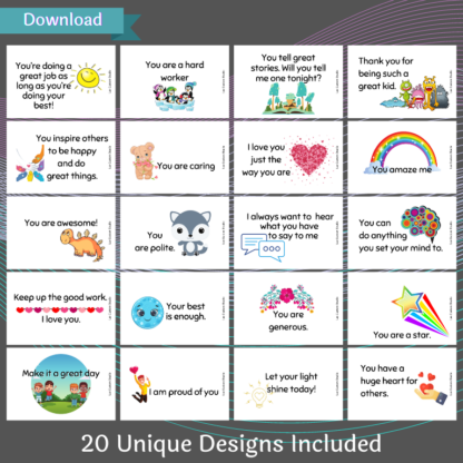 A product image of a set of 20 lunchbox cards for children. Download and print from PDF format