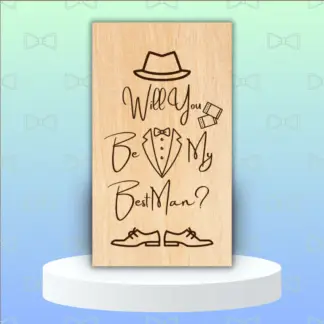 A product image of an engraved wedding party proposal card with a boy's Fedora, cufflinks, bow tie, button down, and lapels of a tuxedo, and dress shoes. The words Will You Be My Best Man?