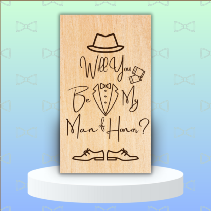 A product image of an engraved wedding party proposal card with a boy's Fedora, cufflinks, bow tie, button down, and lapels of a tuxedo, and dress shoes. The words Will You Be My Man of Honor?