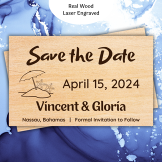 A product image of wood wedding announcement cards, engraved with the words Save the date, the date of the wedding, the bride's name, the groom's name or the bride's name and the bride's name, or the groom's name and the groom's name, with a note of location and the need to watch for a formal invitation. A sandy beach island with an umbrella and palm trees