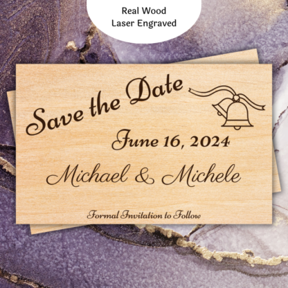 A product image of wood wedding announcement cards, engraved with the words Save the date, the date of the wedding, the bride's name, the groom's name or the bride's name and the bride's name, or the groom's name and the groom's name, with a note of location and the need to watch for a formal invitation. A double of church bells on a ribbon