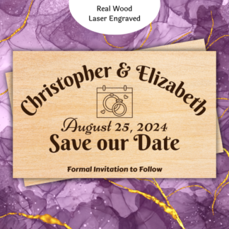 A product image of wood wedding announcement cards, engraved with the words Save the date, the date of the wedding, the bride's name, the groom's name or the bride's name and the bride's name, or the groom's name and the groom's name, with a note of location and the need to watch for a formal invitation. A wedding calendar with hearts and rings are also engraved in this design.