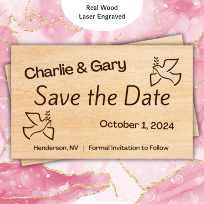 A product image of wood wedding announcement cards, engraved with the words Save the date, the date of the wedding, the bride's name, the groom's name or the bride's name and the bride's name, or the groom's name and the groom's name, with a note of location and the need to watch for a formal invitation. Two wedding doves are also engraved in this design.