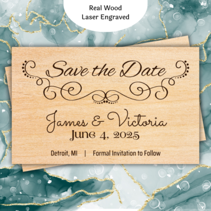 A product image of wood wedding announcement cards, engraved with the words Save the date, the date of the wedding, the bride's name, the groom's name or the bride's name and the bride's name, or the groom's name and the groom's name, with a note of location and the need to watch for a formal invitation. Two wedding filigree is also engraved in this design.