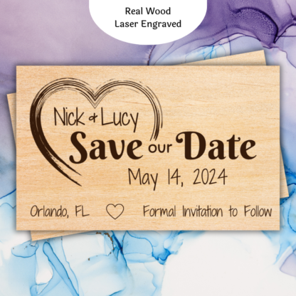 A product image of wood wedding announcement cards, engraved with the words Save the date, the date of the wedding, the bride's name, the groom's name or the bride's name and the bride's name, or the groom's name and the groom's name, with a note of location and the need to watch for a formal invitation. Two hearts are also engraved in this design.