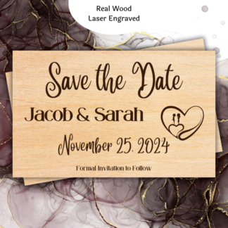 A product image of wood wedding announcement cards, engraved with the words Save the date, the date of the wedding, the bride's name, the groom's name or the bride's name and the bride's name, or the groom's name and the groom's name, with a note of location and the need to watch for a formal invitation. Two hearts are also engraved in this design.