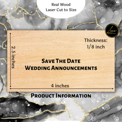 A product information image for our laser cut and engraved wooden personalized save the date cards