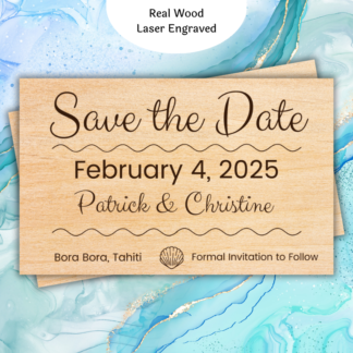 A product image of wood wedding announcement cards, engraved with the words Save the date, the date of the wedding, the bride's name, the groom's name or the bride's name and the bride's name, or the groom's name and the groom's name, with a note of location and the need to watch for a formal invitation. A shell is also engraved in this design.