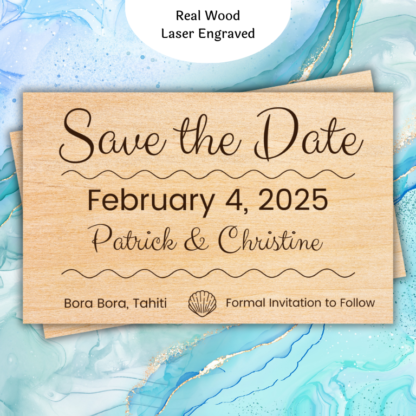 A product image of wood wedding announcement cards, engraved with the words Save the date, the date of the wedding, the bride's name, the groom's name or the bride's name and the bride's name, or the groom's name and the groom's name, with a note of location and the need to watch for a formal invitation. A shell is also engraved in this design.