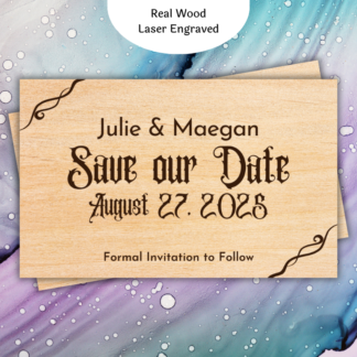 A product image of wood wedding announcement cards, engraved with the words Save the date, the date of the wedding, the bride's name, the groom's name or the bride's name and the bride's name, or the groom's name and the groom's name, with a note of location and the need to watch for a formal invitation.