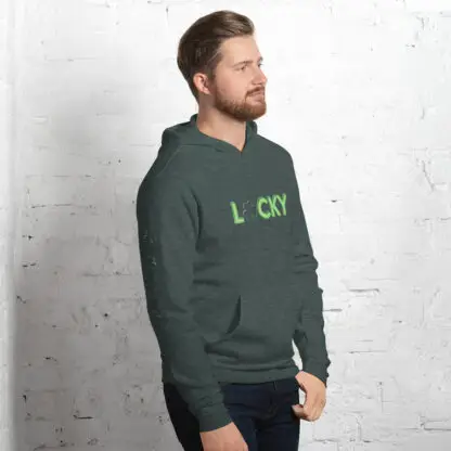 St Patrick's Day themed unisex Lucky hoodie with shamrocks in heather forest green