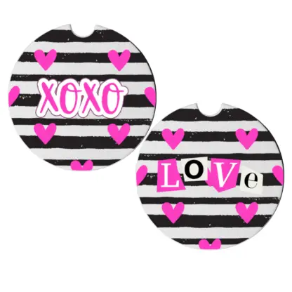 Product image of love and xoxo car coasters that are striped with hot pink hearts