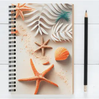 Product image of an beachy journal notebook, along side a pencil