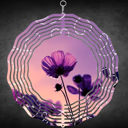 Product image of an aluminum wind spinner printed with a purple sunset behind growing crocus flowers