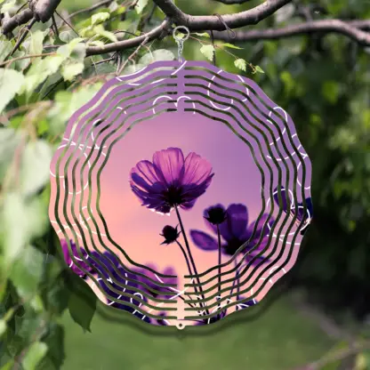 Product image of an aluminum wind spinner printed with a purple sunset behind growing crocus flowers