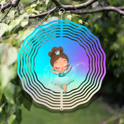 A product image of a 3D wind spinner with dancing girl over a bold background. Printed on both sides, as it spins, it gives the illusion that she is dancing