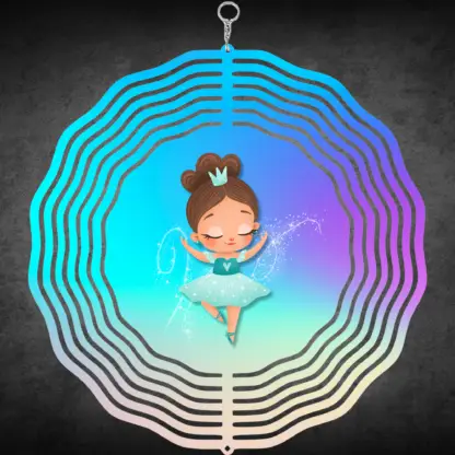 A product image of a 3D wind spinner with dancing girl over a bold background. Printed on both sides, as it spins, it gives the illusion that she is dancing