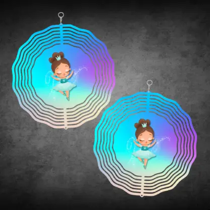 A product image of a 3D wind spinner with dancing girl over a bold background. Printed on both sides, as it spins, it gives the illusion that she is dancing