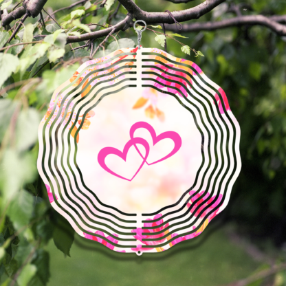 A product image of a 3D wind spinner with flower background. One side has a person's hand and a dog's paw with the words Partners in Crime. The second side has 2 hearts