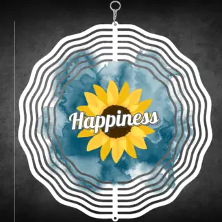 Product image of an aluminum wind spinner printed with dark blue background, a bold sunflower, and the word "Happiness"