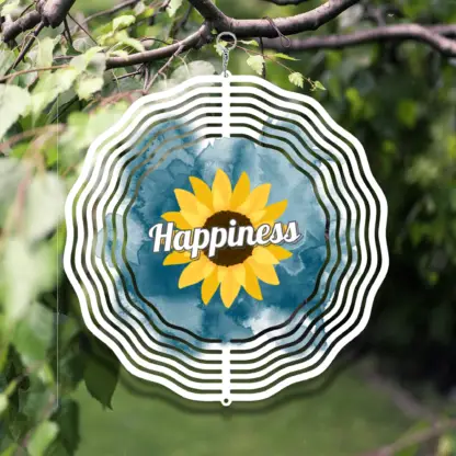 Product image of an aluminum wind spinner printed with dark blue background, a bold sunflower, and the word "Happiness"