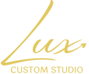 Lux Custom Studio logo in gold with a transparent background