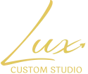 Lux Custom Studio logo in gold with a transparent background